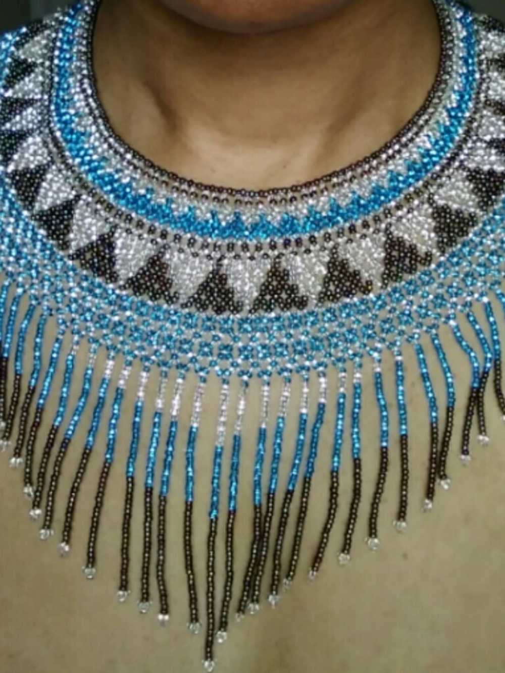 Handmade Beaded Fringe Necklace in Blue, Black & White